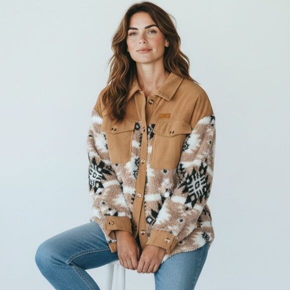 Simply Southern Jackets & Blazers - Simply Southern Aztec Sherpa Shacket Corduroy Button Up Fleece Jacket Brown M